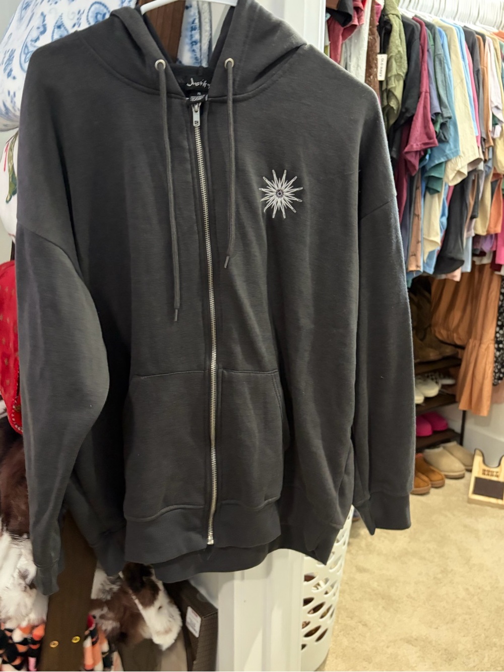 Justify Charcoal Gray Zip-Up Hoodie with Starburst Patch